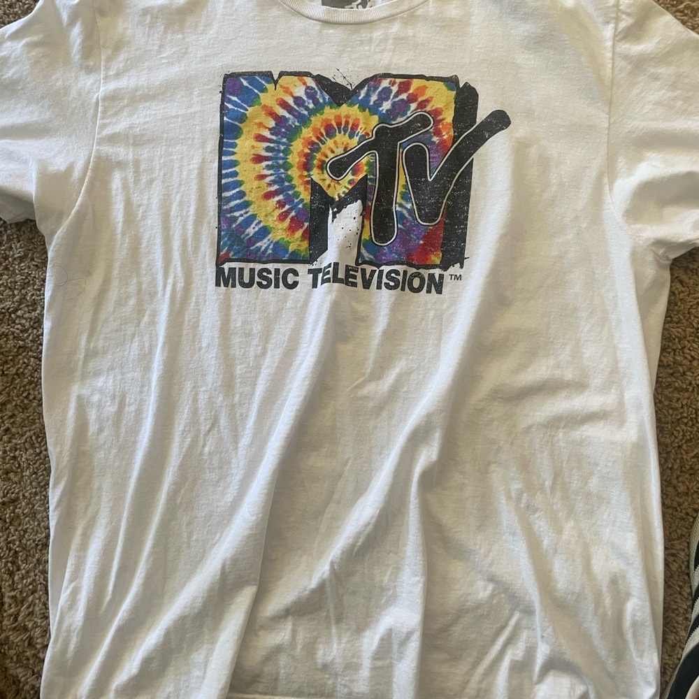 MTV White Tee with Colorful Tie-Dye Logo